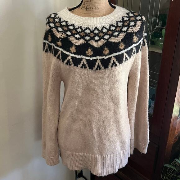 Anne Taylor Cream & Beige Icelandic Fair Isle Sweater Size MP Chunky Coastalchic - Picture 1 of 17